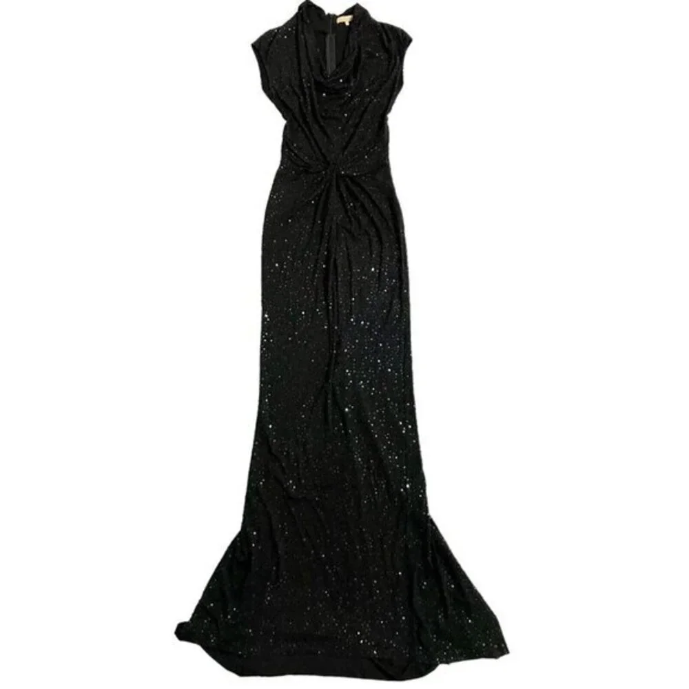 Michael Kors Black Sequin Mermaid Gown Evening Dress Front Twist SZ 4 New